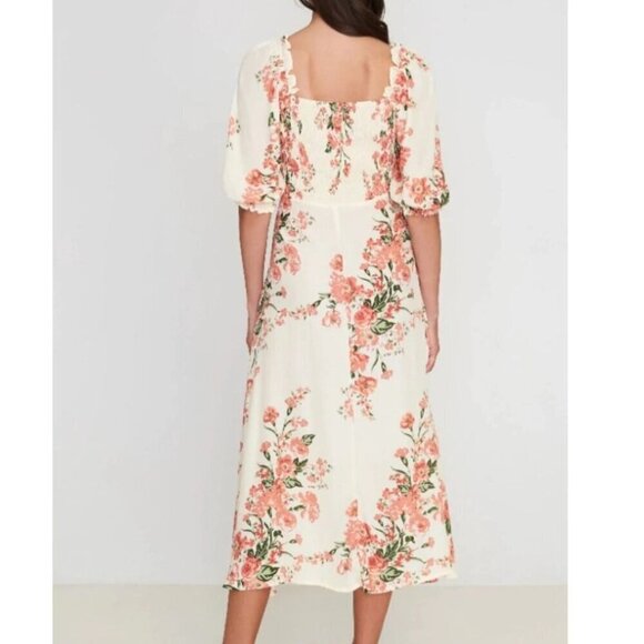 Faithfull The Brand Midi Dress Cream Pink Floral Short Puff Sleeve ALine Bronte - Picture 7 of 13